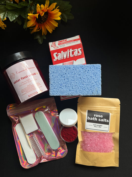 Foot care, 200g akker fasi scrub , 10g akker fassi powder, salvitas, nails care, bath salt +gift