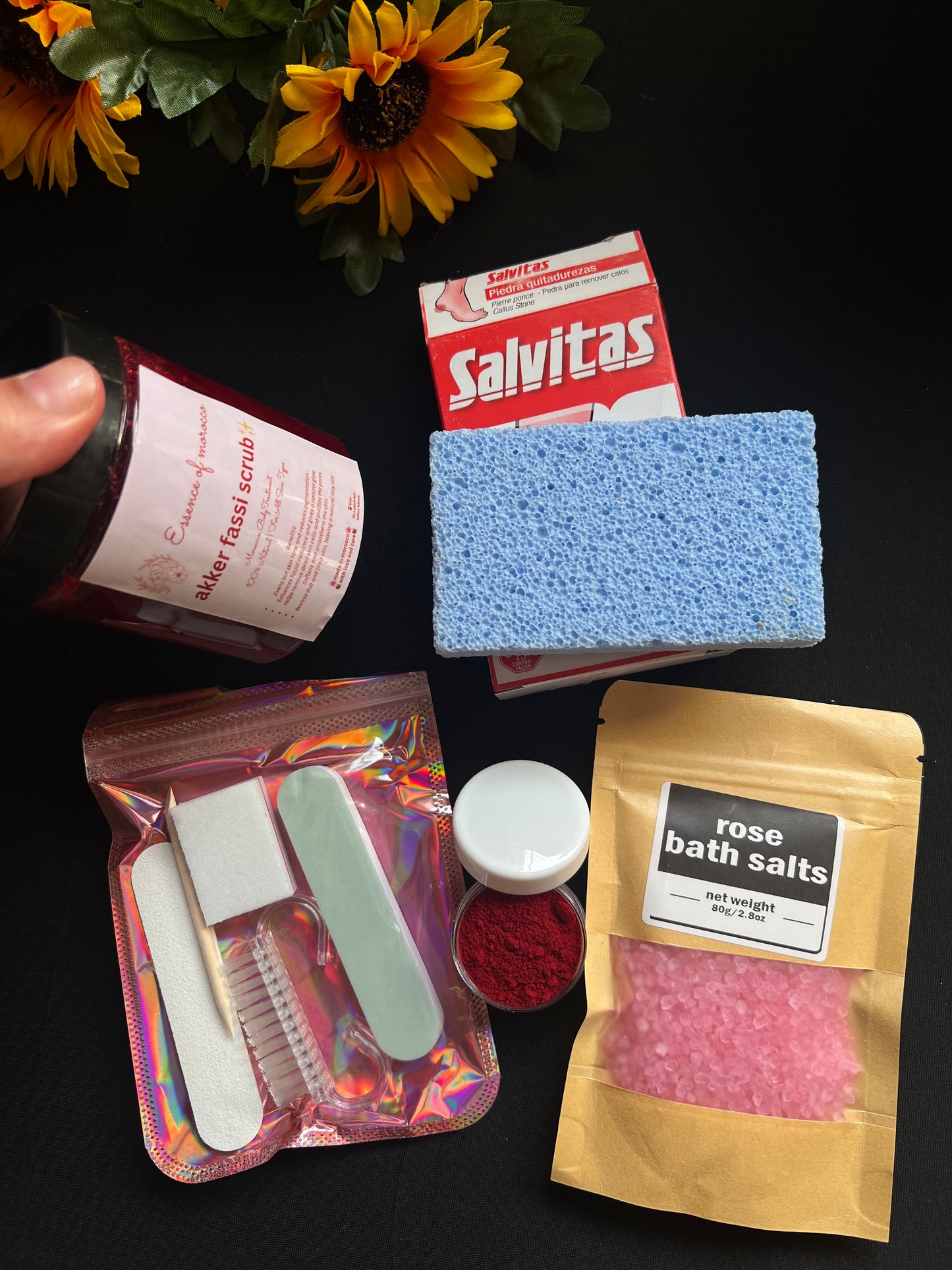 Foot care, 200g akker fasi scrub , 10g akker fassi powder, salvitas, nails care, bath salt +gift